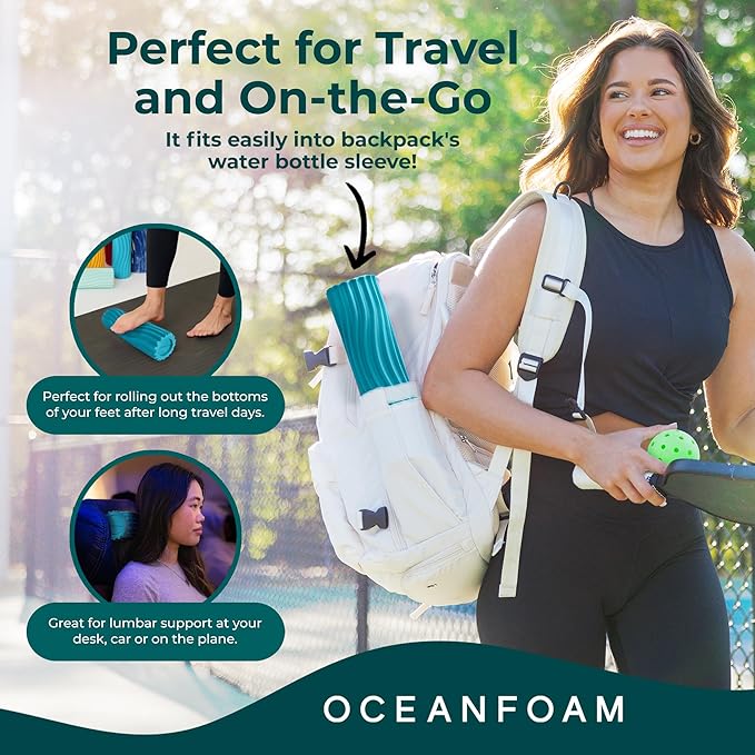 Oceanfoam Ripple Travel Foam Roller (11" x 3.35") Firm Mini Foam Roller for Physical Therapy, Deep Tissue Massage, Back Pain, High Density, Ergonomic Wave Textured, Yoga, Pilate, Exercise (Miami Blue) - Bloomnest