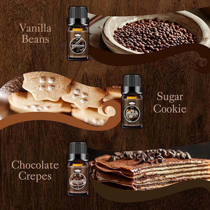 Bakery Essential Oils Set, Fragrance Oil for Diffusers for Father's Day, Candle Making, Aromatherapy Scented Oil Gift for Men - Vanilla Bean, Cookies, Chocolate Crepes, Cupcakes, Cinnamon Rolls, Bread - Bloomnest