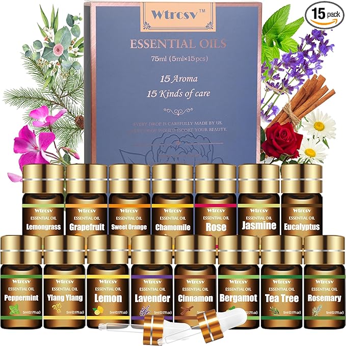 Essential Oils Set - Top 15 Scents for Diffuser, Humidifier, Skin Care, Aromatherapy, Massage, Candle & Soap Making - Fragrance Gift Set (5ml) - Bloomnest