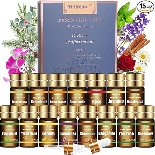 Essential Oils Set - Top 15 Scents for Diffuser, Humidifier, Skin Care, Aromatherapy, Massage, Candle & Soap Making - Fragrance Gift Set (5ml) - Bloomnest