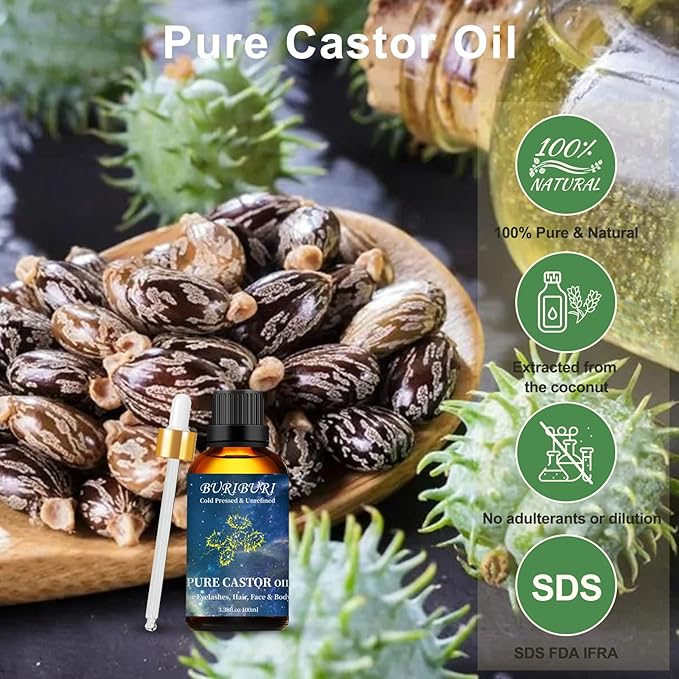BURIBURI Castor Oil Pure Carrier Oil with Applicator Kit, 100% Pure, Organic, Cold-Pressed, Natural Castor Oil 100ml/3.38fl.oz - Bloomnest