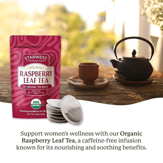 Starwest Botanicals Organic Raspberry Leaf Tea - Caffeine Free Herbal Tea, Supports Wellness for Women, String Free Sachets, USDA Organic Raspberry Leaf, Non GMO - 20 Tea Bags - Bloomnest
