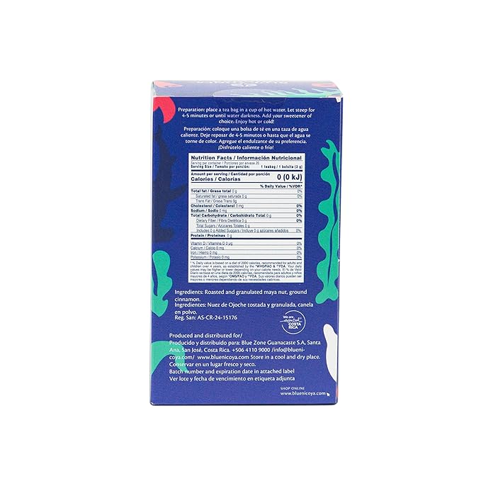 Blue Zones Nicoya - Maya Nut & Cinnamon Flavored Tea Bags - 100% Natural, Organic, and Refreshing - High Micronutrients - Gluten, Caffeine, Sugar-Free - Pack of 18 (1.59 oz/ 45 g) - Bloomnest