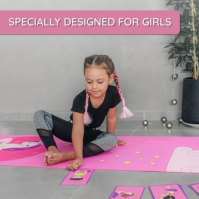 Kids Yoga Mat Set for Boys & Girls - Doll, Unicorn, Mermaid, Panda, Dinosaur and UnderWater - Chemical Free - Non-Toxic - Non-Slip - 60 X 24 X 0.2 Inches - w/ 12 Yoga Cards - Cute Carrier Bag - Ages 3-12 - Bloomnest