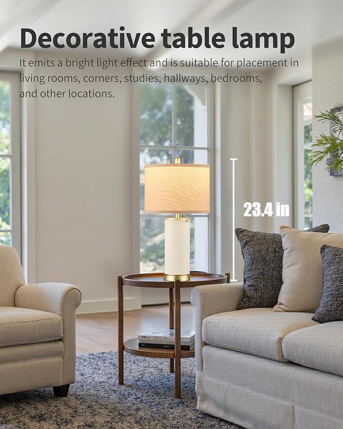 KDG 23.4" White PU Leather Table Lamps for Living Room Set of 2, 3 Level Brightness LED Modern Home Decor Fabric Lampshade Desk Lamp Lighitng for Bedroom, Bedside, Farmhouse, Nightstand, Night Light - Bloomnest