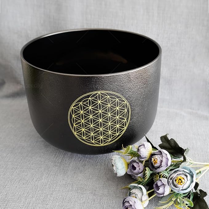 6" B Note Flower of Life Black Crystal Singing Bowl Frosted Quartz Crown Chakra Meditation Sound Healing Suede Striker O-ring - Bloomnest