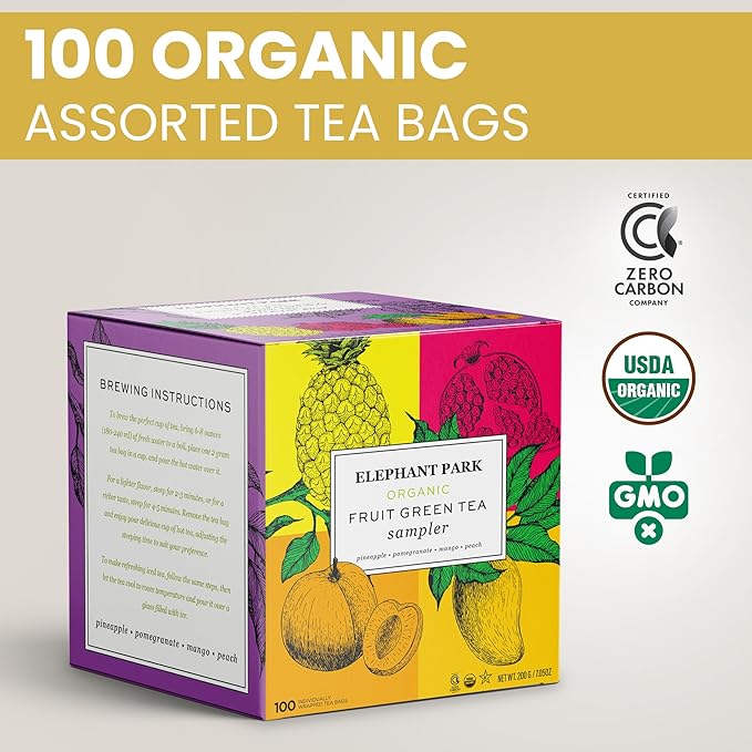 Premium Organic Fruit Green Tea Sampler, 100 Count Assorted Tea Bags, Caffeinated & Herbal Variety Pack Pineapple, Pomegranate, Mango, Peach Flavors - Bloomnest