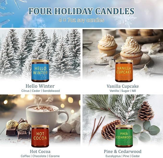 Winter Candle Gift Set, 4 Pack 7 oz Soy Scented Candles for Home, Christmas, Holiday & Birthday Gifts for Women & Men, Includes Hello Winter, Pine & Cedarwood, Hot Cocoa, and Vanilla Cupcake - Bloomnest