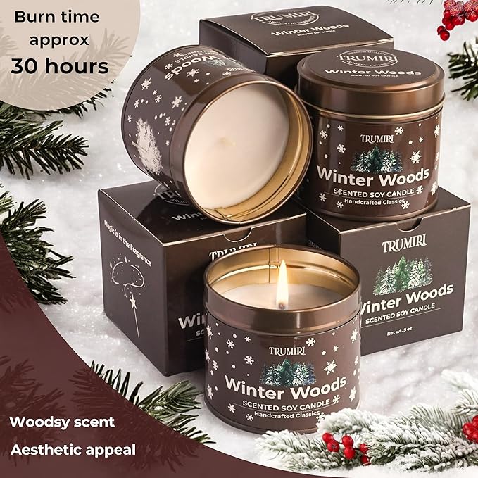 Winter Woods - Soy Candles for Home Scented - for Fall Christmas Holidays - Pack of 3 x 5oz Natural Clean Non Toxic - Long Lasting Highly Scented Pet Safe - Velas Aromáticas para el Hogar Pine Candel TRUMIRI