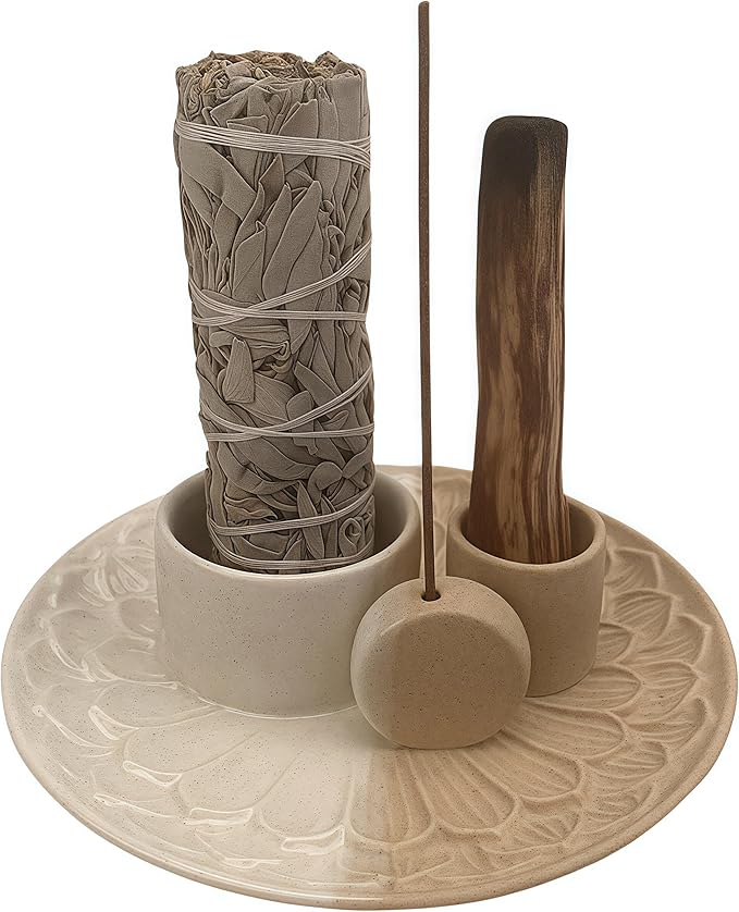 4 in 1 Incense Holder, Ceramic Incense Stick and Palo Santo Holder,Sage Holder for Burning- 5.5" Ceramic Ash Catcher Tray for Meditation and Yoga Room (Sand) - Bloomnest