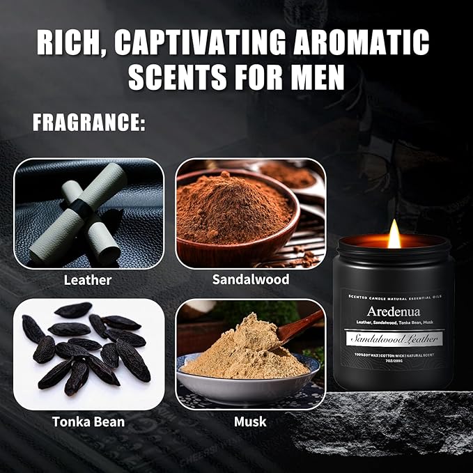 Sandalwood Leather Candle, Manly Candles for Home Scented, Masculine Aromatherapy Gifts for Men - 7oz Soy Candle, 50 Hours Burn Time, Perfect for Relaxing Home Fragrance - Bloomnest