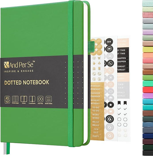 &And Per Se Dotted Journal Notebook, A5 Hardcover Leather Bullet Dotted Journal, 160 Pages 100 gsm Thick Paper, 3 Sheets of Stickers Included - 5.7'' x 8''（Emerald）