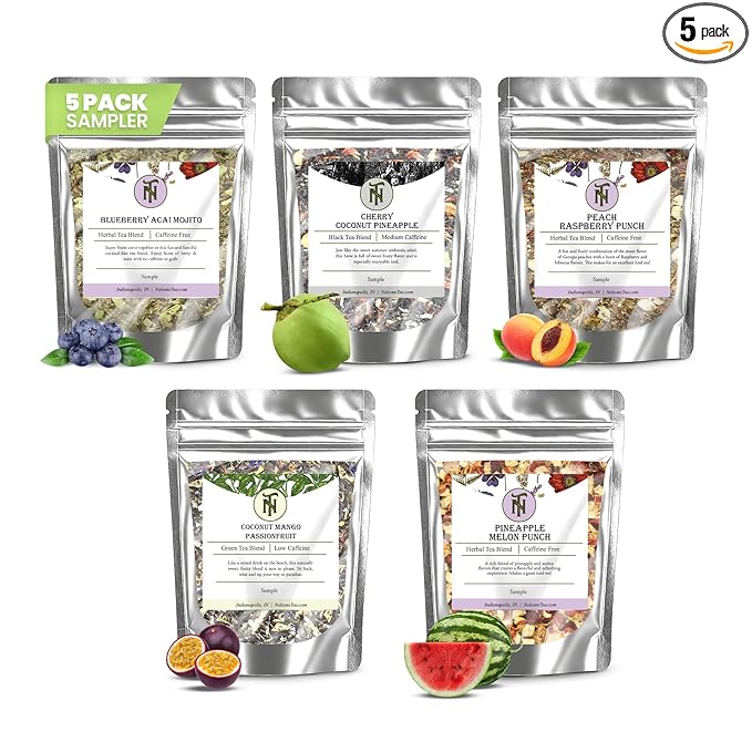 Nelson's Tea Tropical Samplers- 5 Flavors Variety Pack - Blueberry Acai Mojito, Cherry Coconut Pineapple, Coconut Mango Passionfruit, Peach Raspberry Punch, Pineapple Melon Punch - Sample Sizes - Bloomnest