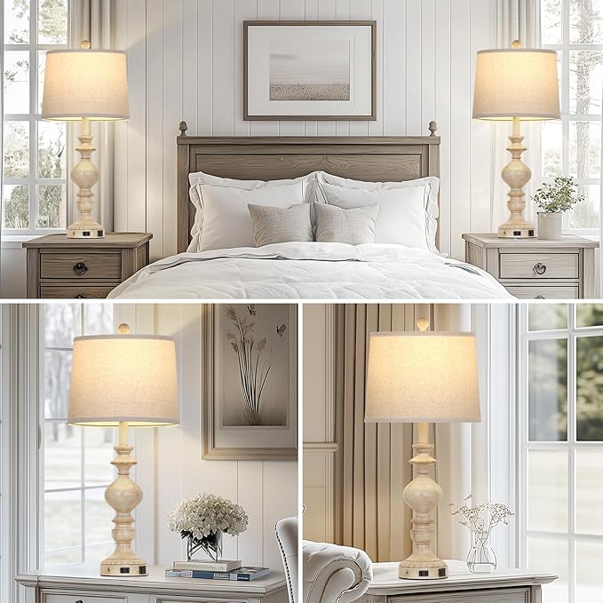 28" Farmhouse Table Lamps Set of 2, Rustic Lamp for Living Room with USB C+A Ports & AC Outlet, 3 Way Touch Control Resin Bedside Lamps, Retro Bedroom Lamp for Nightstand Side End Table Desk, Beige - Bloomnest