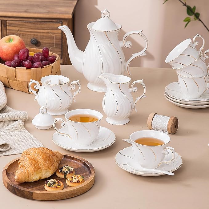 Tea Set 21-Piece Porcelain tea cups and saucers set of 6 with Sugar and Creamer Set & Teapot,teapot set for Adults, Women Tea Party,White - Bloomnest