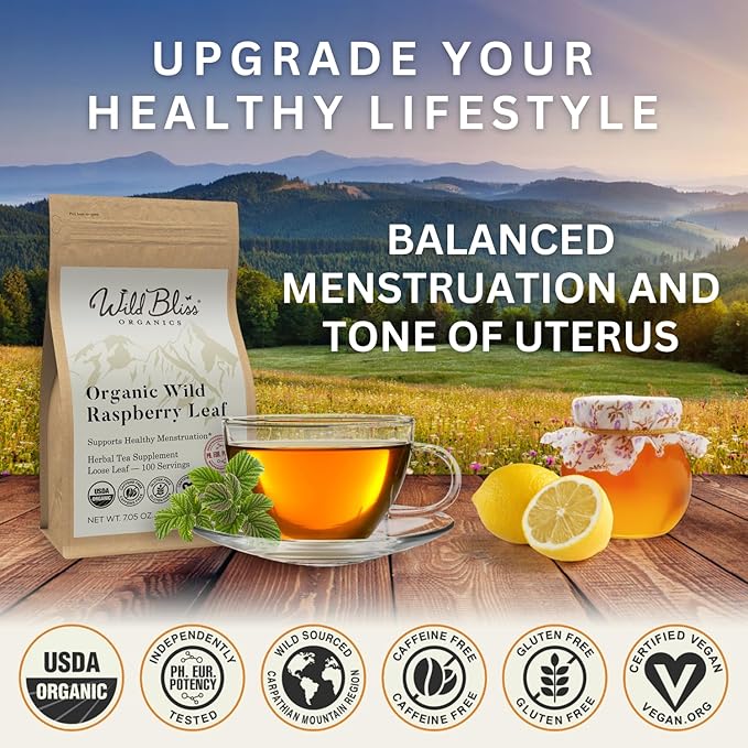 Wild Bliss Organic Red Raspberry Leaf Tea Pregnancy and Menstrual Support - Loose Leaf Herbal Tea - 7 Ounces - 100 Servings - Bloomnest