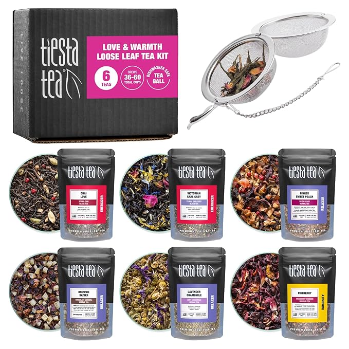 Tiesta Tea - Love & Warmth Loose Leaf Tea Gift Set, Loose Leaf, 6-Flavor Premium Variety Pack with Ball Strainer for Steeping, Brewing, and Enjoying, Valentines Day Assortment to Make Hot or Iced - Bloomnest