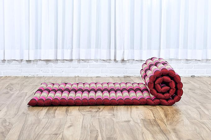 Leewadee - Foldable Floor Mattress - Japanese Roll Up Futon -Trifold Tatami Mat- Guest Floor Bed - Camping Mattress - Thai Massage Mat, Kapok Filled, 75 x 28 inches, Auburn Pink - Bloomnest
