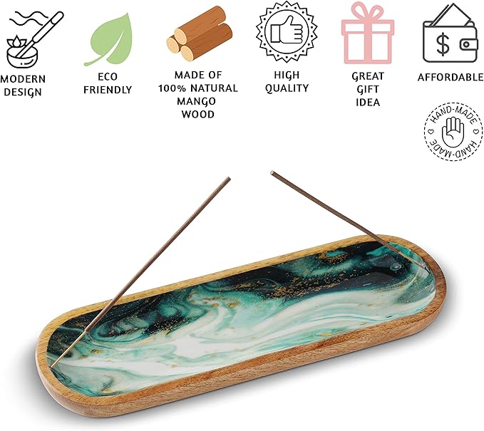 Folkulture Incense Holder or Incense Burner, Modern Incense Holder for Sticks, Ash Catcher or Insence-Stick Holder for Home Décor, 12 Inch Long for Home Decor, Mango Wood, Green Agate