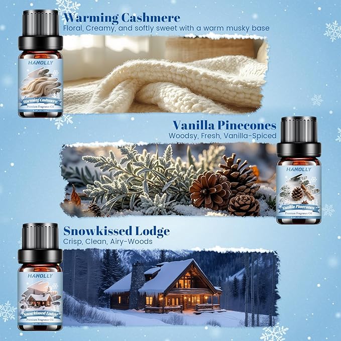 Winter Fragrance Oil Set, 6 Premium Holiday Essential Oils Set for Diffuser, Candle Making - Winter Spice, Winter Glow, Nutcracker, Warming Cashmere, Vanilla Pinecones, Snowkissed Lodge Scented Oil - Bloomnest