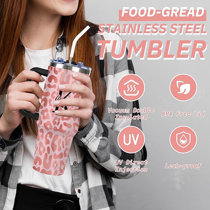 Personalized Pink Leopard Print Tumbler with Names, Custom 40oz Tumblers with Handle and Straw Lid, Insulated Stainless Steel Cup, Travel Coffee Mug, Gifts for Birthday Christmas Anniversary Women - Bloomnest