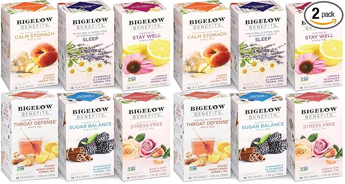 Bigelow Benefits Wellness Teas Variety Pack,Mixed Caffeinated Green Matcha & Caffeine-Free Herbal Tea,(Packaging May Vary),18 Count (Pack of 12) - Bloomnest