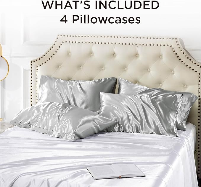 Bedsure King Size Satin Pillowcase Set of 4 - Silver Grey Pillow Covers for Hair and Skin 20x36 Inches with Envelope Closure, Similar to Silk Pillow Cases, Gifts for Women Men - Bloomnest