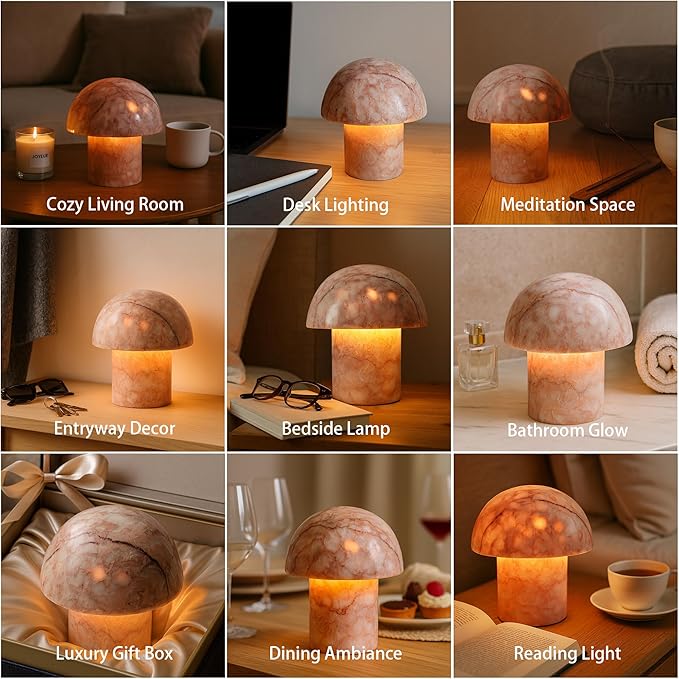 Marble Mushroom Table Lamp - Small Rechargeable USB-C Cordless Touch-Dimmable Night Light, Hand-Polished Natural Stone, 4.3"x4.7" - Bloomnest