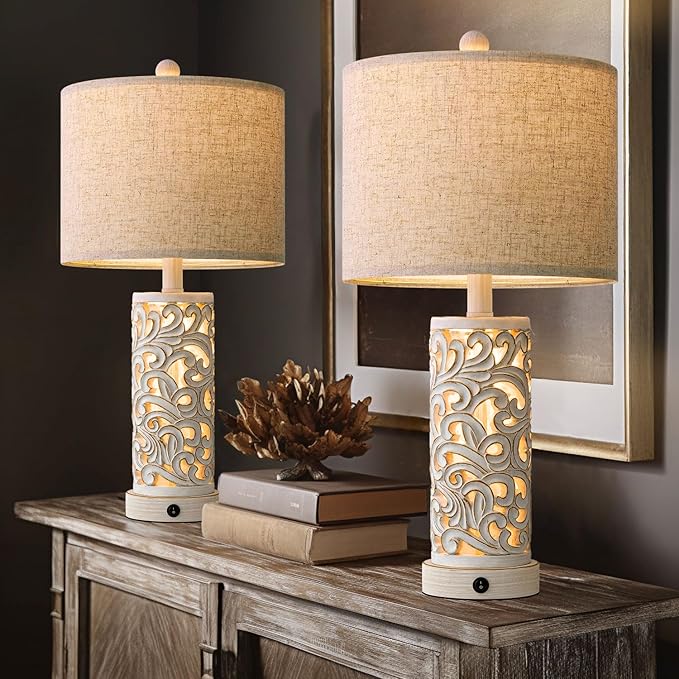 OYEARS 22'' Table Lamp Set of 2 for Living Room,Farmhouse Lamp for for Bedroom,Vintage Retro Bedside Lamps with USB Ports Linen Shade for Home Office (Wash White, Bulb Included) - Bloomnest
