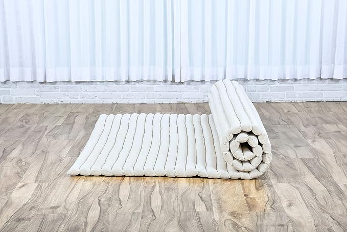 Leewadee - Foldable Floor Mattress - Japanese Roll Up Futon -Trifold Tatami Mat- Guest Floor Bed - Camping Mattress - Thai Massage Mat, Kapok Filled, 75 x 57 inches, Ecru - Bloomnest