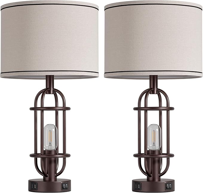Living Room Lamps Set of 2, 22.3" Farmhouse Table Lamp for Bedroom, Vintage Lamps for Night Stands with USB Ports, Oil Rubbed Bronze - Bloomnest