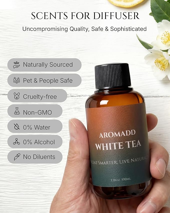 Aromadd White Tea Diffuser Oil Inspired by Luxury Hotel Scent, Essential Oils for Waterless Diffuser, White Tea & Bergamot, Long-Lasting & Natural Home Fragrance - 3.38 fl oz (100 mL) - Bloomnest