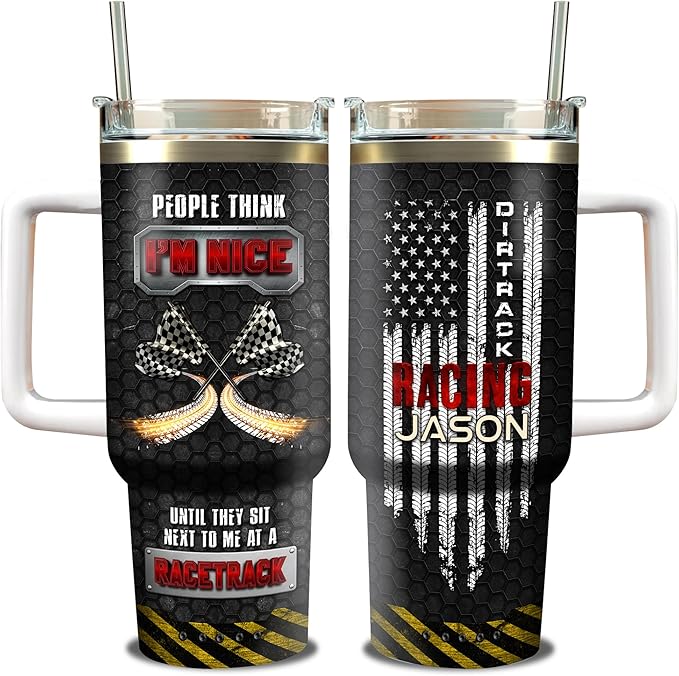 WAZONE Personalized Dirt Track Racing Tumbler 40oz with Handle and Straw Custom Name Motorcycle American Flag Patriotic Travel Coffee Mug Novelty Motor Racer Gift for Motorsport Lovers Men - Bloomnest