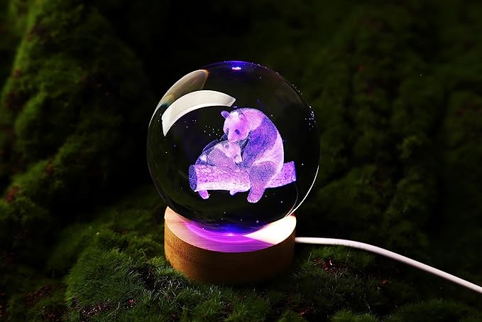 Crystal Ball Panda Family Night Light, 3.15 Inch K9 Crystal Glass Ball, 16 Color Change with Remote Control, Wooden Base Table Lamp, Birthday & - Bloomnest
