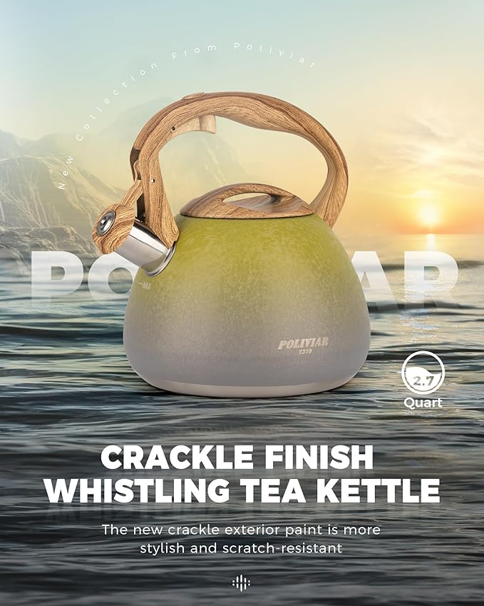 POLIVIAR Tea Kettle, 2.7 Quart Stovetop Tea Kettle, Audible Whistling Teapot with Crackle Finish, Food Grade Stainless Steel for Anti-Rust, Anti Hot Handle, Suitable for All Heat Sources (JX2023-LYG) - Bloomnest