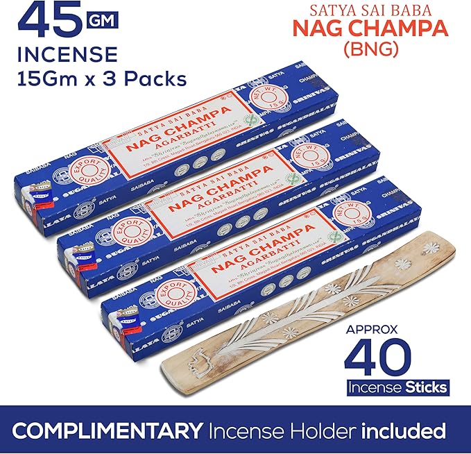 Satya Nagchampa Incense Sticks, Satya Bng (Bangalore) Insenses 15gmx3 Pack (45 GMS) with Raajsee Incence Holder Bundle, Satya Nagchampa Natural Incense - Bloomnest
