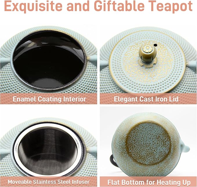 30.4oz Small Cast Iron Teapot, Tea Kettle for Stovetop Safe, Tea Pot with Stainless Steel Infuser for Loose Tea, Japanese Tetsubin Coated with Enameled Interior(900ml) - Bloomnest