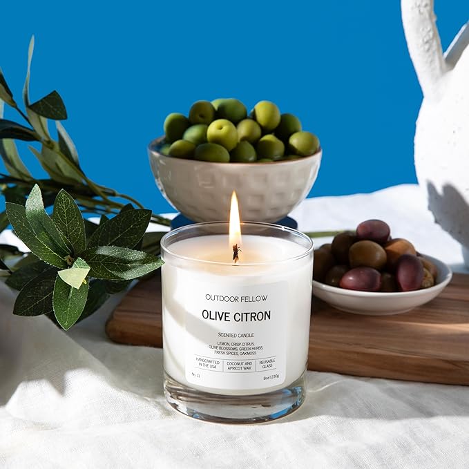Outdoor Fellow Olive Citron Scented Candle – Highly Scented 8oz Jar Candle with Lemon, Citrus & Herbs – Non Toxic, Long Lasting Fragrance for Lemon Decor Accent in Home or Kitchen - Bloomnest