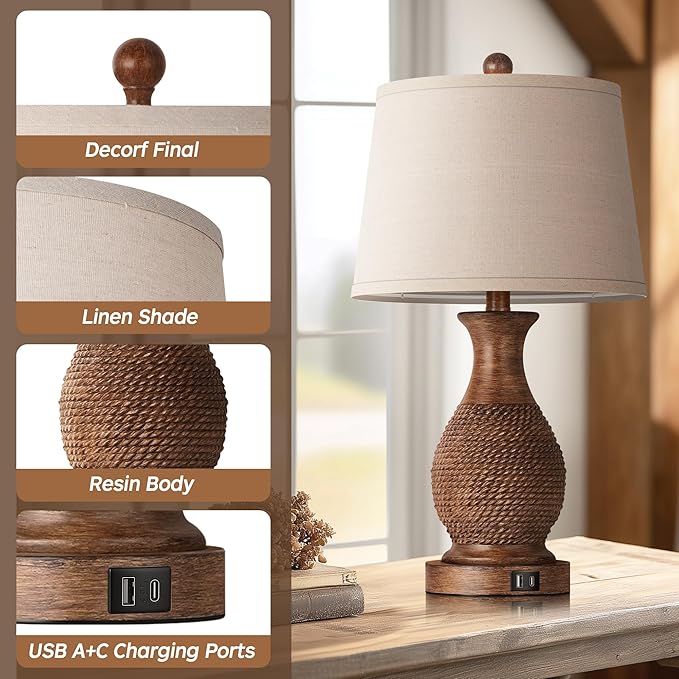 PARTPHONER Table Lamps Set of 2, Bedside Touch Lamp with USB C+A Charging Ports, Side Table Lamp with Linen Fabric Shade (LED Bulbs Included), Wood - Bloomnest