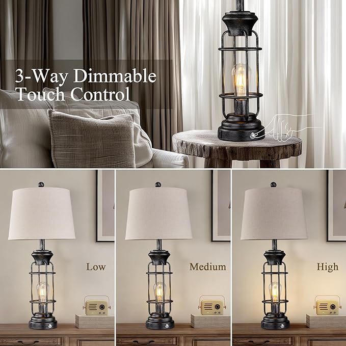 28" Table Lamp for Living Room with USB Charging Ports, Tall Table Lamp Set of 2,3-Way Dimmable Lamps for Bedroom, Bedside Lamp for End Tables, Industrial Nighstand Lamps,Bulbs Included - Bloomnest
