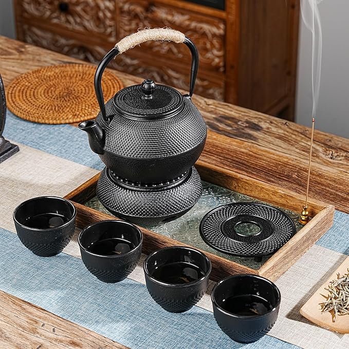 Sungmor Black Cast Iron Teapot Warmer - Japanese Tea Heater Base with Candle Holder, Heat Retaining Stand for Tetsubin or Glass & Ceramic Teapots - Bloomnest