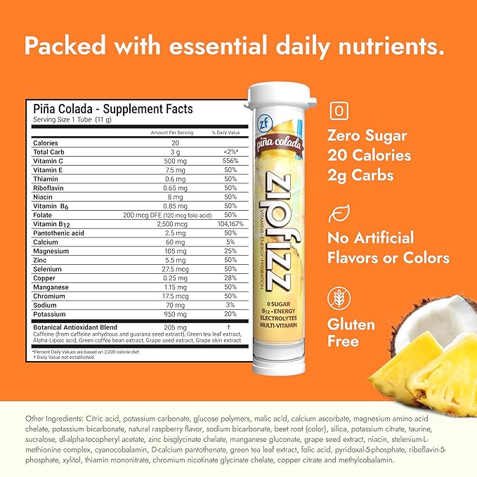 Zipfizz Daily Energy Drink Powder, Pina Colada, 20 Pack | 3-in-1 Sustained Energy, Rapid Hydration, and Essential Vitamins | Sugar-Free | Electrolyte Powder | Contains Vitamin B-12 & Antioxidants - Bloomnest