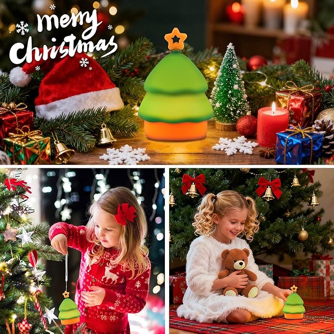 Squishy Christmas Tree Night Light with RGB Modes Dimmable Nursery Breastfeeding Nightlight Hangable Cute Christmas Lamp Novelty Rechargeable Silicone Touch Bedside Lamp for Bedroom Dorm Decor - Bloomnest