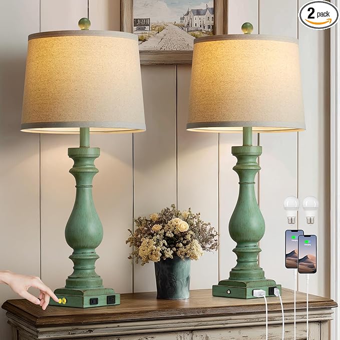 29" Tall Vintage Table Lamps Set of 2,Retro Green Bedside Lamps with USB C+A Ports & AC Outlet,3-Way Dimmable Touch Lamp for Night Stands Living Room Bedroom,Green - Bloomnest