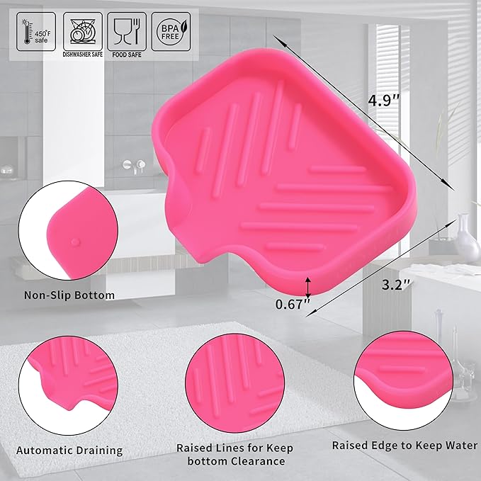 Silicone Bathroom Soap Dishes with Drain Spout-Bathroom and Kitchen Sink Organizer,Sponge Holder,Dish Soap Tray,Perfect for Dispenser,Scrubber,Bottle,Cup on Sink or Counter-Rose 4.9"×3.2" - Bloomnest