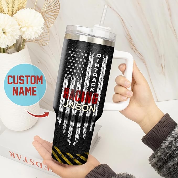 WAZONE Personalized Dirt Track Racing Tumbler 40oz with Handle and Straw Custom Name Motorcycle American Flag Patriotic Travel Coffee Mug Novelty Motor Racer Gift for Motorsport Lovers Men - Bloomnest