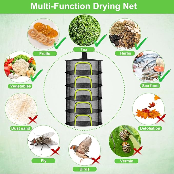 5 Layer Herb Drying Rack, Herb Drying Rack Hanging Mesh, Foldable Bud Drying Net with U-Shaped Zipper, Hooks, for Drying Herbs Plants, Flowers, Fruits, Food, Camping (5 Layers-23.62'') - Bloomnest
