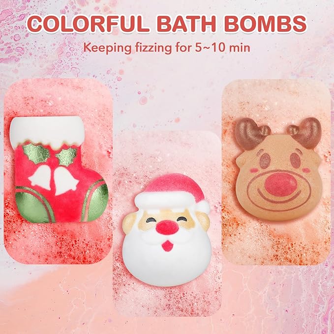 SHUCHING 9 XXL Christmas Bath Bombs with Surprise Inside, Natural and Organic Bubble Bath Fizzy Balls Gifts Set for Kids Boys Girls, Santa Claus and Reindeer Shaped - Bloomnest