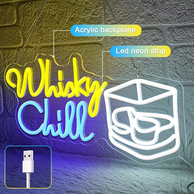 Whisky Chill Neon Sign,Neon Signs for Wall Decor,Whisky Bar Sign,LED Neon Light for Wall Decor,Dimmable Whisky Light Up Signs for Home Bar,Party,Neon Bar Sign for Man Cave - Bloomnest