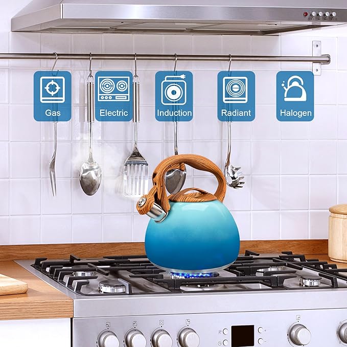 GGC Tea Kettle for Stove Top, 3.1QT/3L Whistling Tea Kettles for Boiling Water Coffee or Milk, Gradient Blue Tea Pot with Wood Parttern Handle, Stainless Steel Tea Pots for Home and Kitchen - Bloomnest